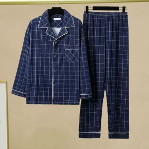 Mens Spring Pajama Set (2-Piece Set) Mens Home Wear Shirt and Pants Set Striped Plaid Print Lapel Single-Breasted Long-Sleeve Wide-Leg Pants