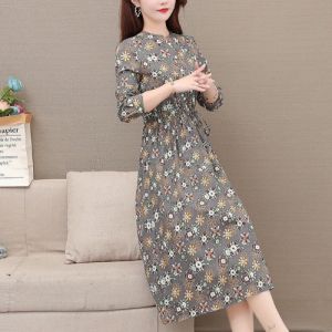 Floral Print Long Sleeve Cotton Linen Dress Womens Spring Autumn Fashion Slimming A-Line Skirt V-Neckline Korean Style Dress