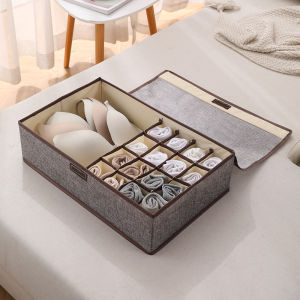 Hộp đựng đồ lót có nắp nhiều ngăn vải lanh cao cấp có thể gấp gọn Akii Home TD36