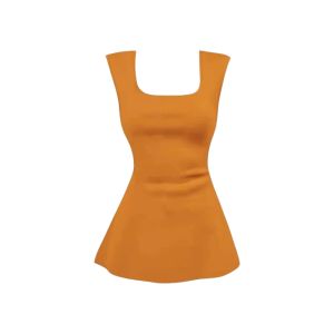 YUEZHONGWEI | Áo ba lỗ không tay màu cam cổ vuông bằng lụa băng dệt kim cho nữ mùa hè dài vừa phải hở lưng không tay áo khoác ngoài