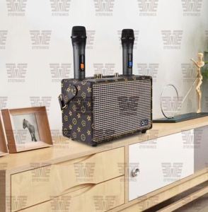 QIXI SK-2036 Shocking Bass KARAOKE Wireless Bluetooth Leather Type Speaker Multi Function with Two Wireless Microphone