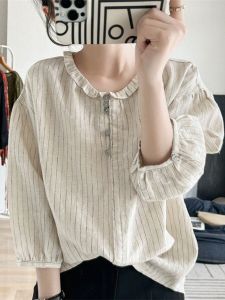 Clearance Sale~ Original Single Doll Cotton Linen Striped Shirt Womens Seven Sleeve Cotton Linen Doll Shirt Commute Style round Neck Button Detail
