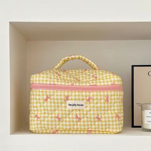 Large Capacity Plaid Cosmetic Bag Portable Womens Toiletry Bag Convenient Makeup And Skin Care Storage Organizer Cotton Box Shape