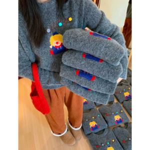 Korean Style Christmas Clown Embroidery Soft Sweater Womens Winter Lazy Style Anti-Aging Overhead Warm Knitted Top