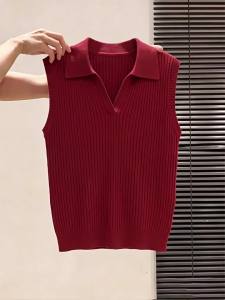 Red Collarless Sleeveless Vest Stylish Slender Elegant Knit Top