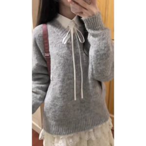 Áo Len Dệt Kim Thêu Bướm Mềm Mại Ngọt Ngào Áo Khoác Dài Tay Cổ Chữ V Hai Mảnh Dành Cho Nữ Quần Dài Mùa Thu Trung Quốc