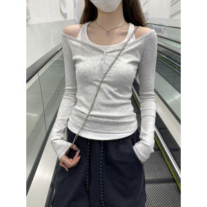 Fall Korean Style Color Block Slimming Shoulder Bared Long Sleeve T-Shirt Womens Top Commute Friendly Breathable Skin-Friendly