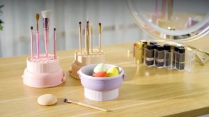 Makeup Brush Cleaner Mat 3 in 1 Silicone Makeup Brush Cleaner Bowl with Brush Drying Holder Cosmetic Brushes Cleaning Tool Organizer for Storage & Air Dry