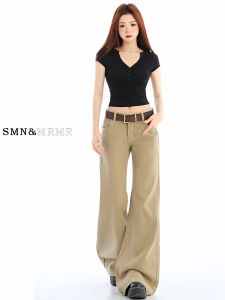 Khaki Fleece Lined Low Waist Bell Bottom Jeans Womens Autumn Winter Slimming Flared Pants Casual Wear Cotton Denim Jeans