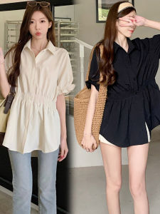plus Size French Style Womens Short Sleeve Shirt Slimming Waist Cover Belly Summer New Arrival Polo Collar Bubble Sleeve Shirt