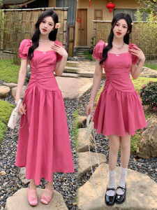 High-Waisted Ruched Pink Long Dress with Puff Sleeves Summer Style for Plus Size Women Square Collar Work Clothing