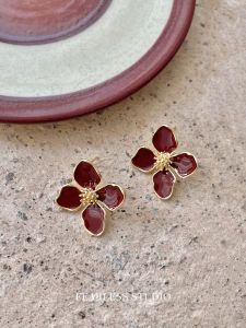 ต่างหูรูปกลีบดอกไม้สีแดงเข้มสไตล์ย้อนยุค FEARLESS สำหรับผู้หญิง ต่างหูแบบห้อย ต่างหูแบบห่วง ต่างหูแบบหัวเข็มขัด แฟชั่นฤดูใบไม้ร่วง/ฤดูหนาว