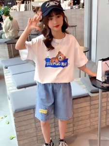 LJMOFA Kids Denim Shorts for Girl 6-12 Yrs Cute Pattern Soft Loose Jeans Shorts for Kids Girl