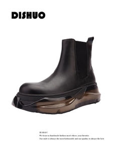 Mens Genuine Leather Short Boots with Thick Sole for Winter Fashion Chelsea Boots with Round Head and Flat Heel Di Shuo Brand