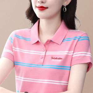 QIAOXIZI | Summer Cotton Polo Shirt for Women with Stripes and Turn-down Collar