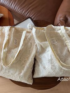 French Style Lace Embroidery Net Single Shoulder Bag Canvas Bag Artistic Retro Cotton Cloth Bag Underarm Bag Women Versatile