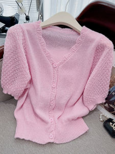 French Pink Sweet Bubble Sleeve Knitted Top Hollow out V-Neck Short Sleeve T-Shirt Women Summer New Style Commute Korean Version