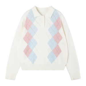 MUCMUKN | Vintage Check Collar Polo Sweater Girls Spring Wool Blend