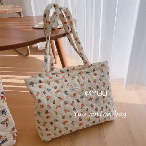 [Yuu Cloth Bag] Large Capacity Womens Tote Bag Shoulder Cotton Bag Thick Retro Bear Print Quilted Quilted