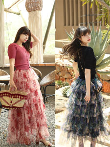 Retro Floral Print Net Skirt Heavy Embroidery Cake Style Womens Long Skirt Spring Summer French Vintage High Waist Polyester Fiber