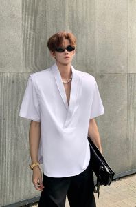Shoulder Pad Design Mens Shirt Deep V-Neck Short Sleeve Summer Fashionable Youth Loose Fit Iron-Free Pure Color Casual Shirt