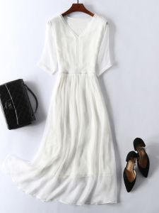 Elegant White Silk V-neck Dress Slimming Waist Summer New Style Mulberry Silk Fairy Sweet Long Dress Princess Style Five Sleeve