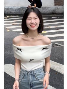 ⚡Port⚡blouses women new style 2025 Short Sleeved Knitwear Exquisite Bow Top Waist Retraction Slim Fitting Knitwear