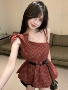 GUZILIAN | Fashionable Strappy Bow Shoulder Plaid Halter Bustier Summer New Arrival