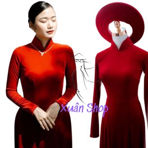 Áo dài cưới cô dâu nhung đỏ tươi cổ cao 5cm truyền thống may sẵn