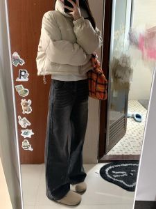 High Waist Wide Leg Jeans Womens Slim Straight Cement Grey Denim Pants Tummy Control Bootcut Jeans for Pear Shaped Body