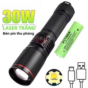 Đèn Pin LED Mạnh Mẽ 30W Đèn Pin Siêu Sáng 2000LM Có Zoom 2000mAh Đèn Cầm Tay Công Suất Cao Có Thể Sạc Lại Để Cắm Trại Và Sử Dụng Khẩn Cấp
