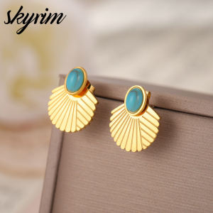 SKYRIM Stainless Steel Gold Earrings with Sapphire Vintage Elegant Earrings for girls and womens