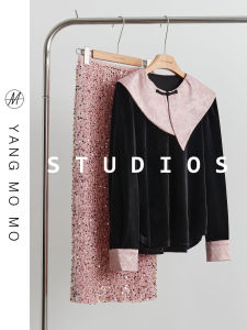 New Chinese Style Velvet Black Shirt round Neck Spring Collection Sequin Half Skirt Set Ultra Beautiful Women Fashion Set