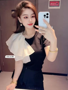 เสื้อยืดผู้หญิงแขนสั้นผ้าตาข่ายสไตล์ย้อนยุคสไตล์ย้อนยุคฤดูร้อน 2025 ความยาวปกติ คอกลม เสื้อยืดผู้หญิง