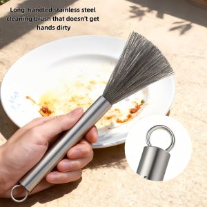 Stainless Steel Pot Brush Long Handle Multi-functional Cleaning Brush Hanging Washing Tool for Kitchen Sink Pans Scrubber Gadget