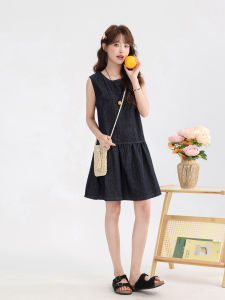 XinmonLee Summer New Korean Style Retro High Waist Denim Dress Slim Sweet Vest Dress A-Line Skirt round Neck Short Sleeve