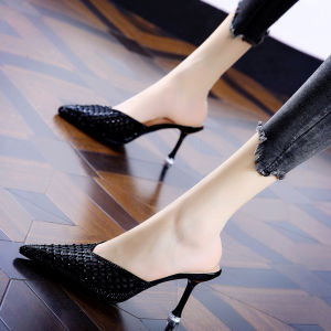 Street Style Hollow out Head Cover Thin Heel Sandals High Heels Women Summer New Gold Pointed Toe Rhinestone Semi Slippers