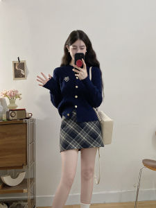 plus Size Knitted Cardigan Womens Autumn Winter Plaid Twist Sweater Skirt Two-Piece Set Slimming College Style Korean Waist Design Long Sleeve