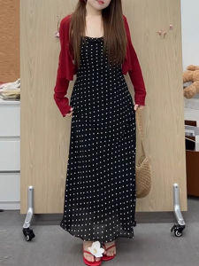 plus Size French Vintage Polka Dot Strap Dress Women Summer Slimming Design Sensation Slim Fit Holiday Long Skirt