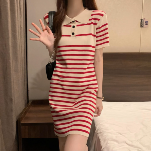 Stella Fashion Women’s Short Sleeve Polo Dress Striped A-Line Skirt Casual Korean Fashion