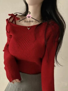 Dynamic Dongda Gate Autumn Winter New Style Casual Diagonal Collar Shoulder Bared Striped Color Block Versatile Knitted Sweater