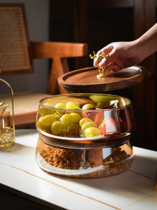 Japanese Style Simple Think Wood Two-Layer Glass Nut Tray Wooden Candy Storage Box Dried Fruit Counting Dessert Fruit Tray
