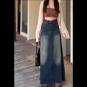 Vintage Split Denim Skirt Women High Waist Slim Fit Straight Cut Mid Length A Line Skirt