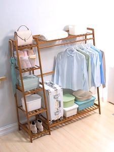 LACC Multifunctional Clothes Hanging Rack High-Grade 150/190CM Bedroom Open Wardrobe Bamboo Clothes Rack Cabinet Clothes Organizer Storage