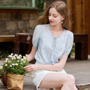 XIANGYING | Blue Flounced French Collar Lightweight Shirt