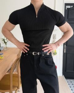 Summer New Mens Sportswear Casual Running And Fitness Stretch Solid Color Zipper Simple Striped Thick Short-sleeved T-shirt