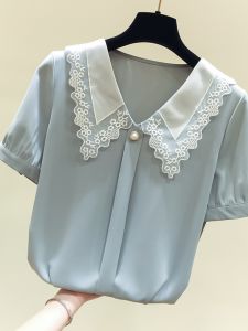 Discount Store Mall Withdraw from Cupboard Womens Clothing Leftover Stock Clearance Crocheted Lapel YILI Beaded Short Sleeve Chiffon Shirt Womens Summer