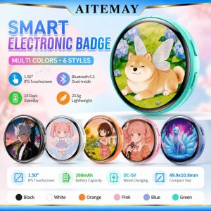 Aitemay 1.5 Inch IPS E Badge Dynamic Anime Pin Bluetooth 5.3 Full Touch Screen GIF Display Cosplay Accessory For Otaku