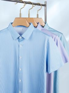 ROMON | Lormen Mens Short Sleeve Shirt Summer Thin Fashion Loose Business High Grade Iron Free Anti Wrinkle Striped Ice Silk Shirt