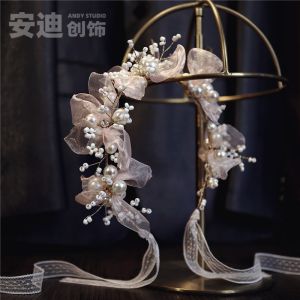 Pastel Pink Pearl Flower Hairband Super Fairy Tale Bride Headwear Sweet Silk Flower Ring Butterfly Knot Jewelry Accessories